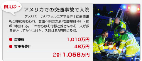 例えば・・・アメリカでの交通事故で入院。アメリカ・カリフォニアで歩行中に飲酒運転の車に撥ねられ、意識不明の左肩/右脚複雑骨折・前歯3本折れる。日本からはお母様と妹さんのお二人が救援者としてかけつけた。入院は53日間に及ぶ。（治療費 1,010万円＋救援費 48万円 ＝ 合計 1,058万円）