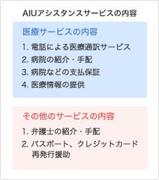 医療サービスの内容　1. 電話による医療通訳サービス　2. 病院の紹介・手配　3. 病院などの支払保証　4. 医療情報の提供　　その他のサービスの内容　1. 弁護士の紹介・手配　2. パスポート、クレジットカード 再発行援助