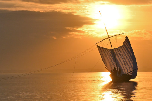 霞ケ浦の風物詩 帆引き船の夕景を撮る