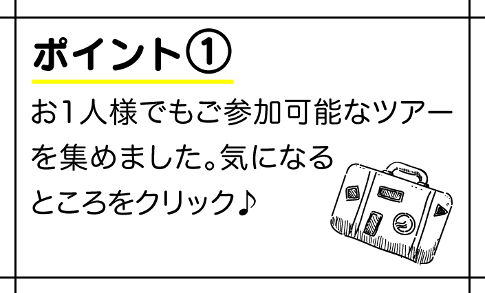 お1人様でもご参加可能なツアーを集めました。気になるところをクリック♪